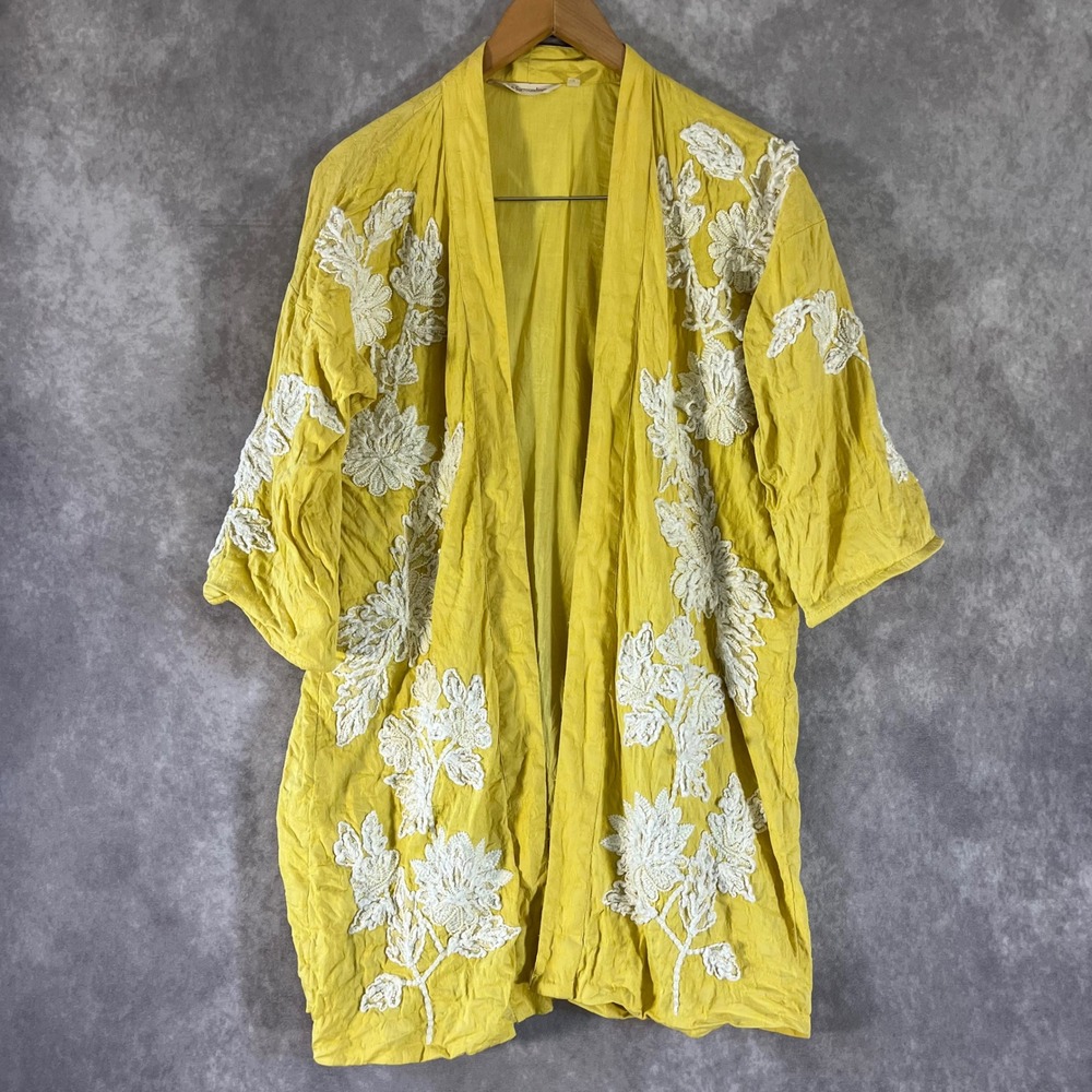 Soft Surroundings Kimono Women PS/PM Yellow Floral Embroidered Sequin Open Front